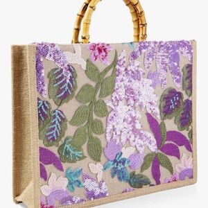 Purple and Green Floral Tote Bag with Bamboo Handles